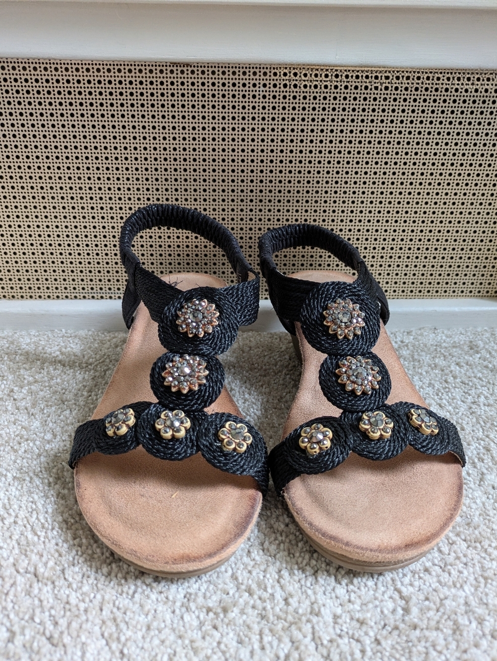 Women’s Black Embellished Braided Strap Sandals - SHIBEVER. Size 38
